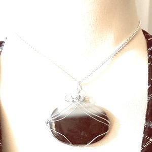 Hand wrapped Orb Wire Wrap silver tone necklace black